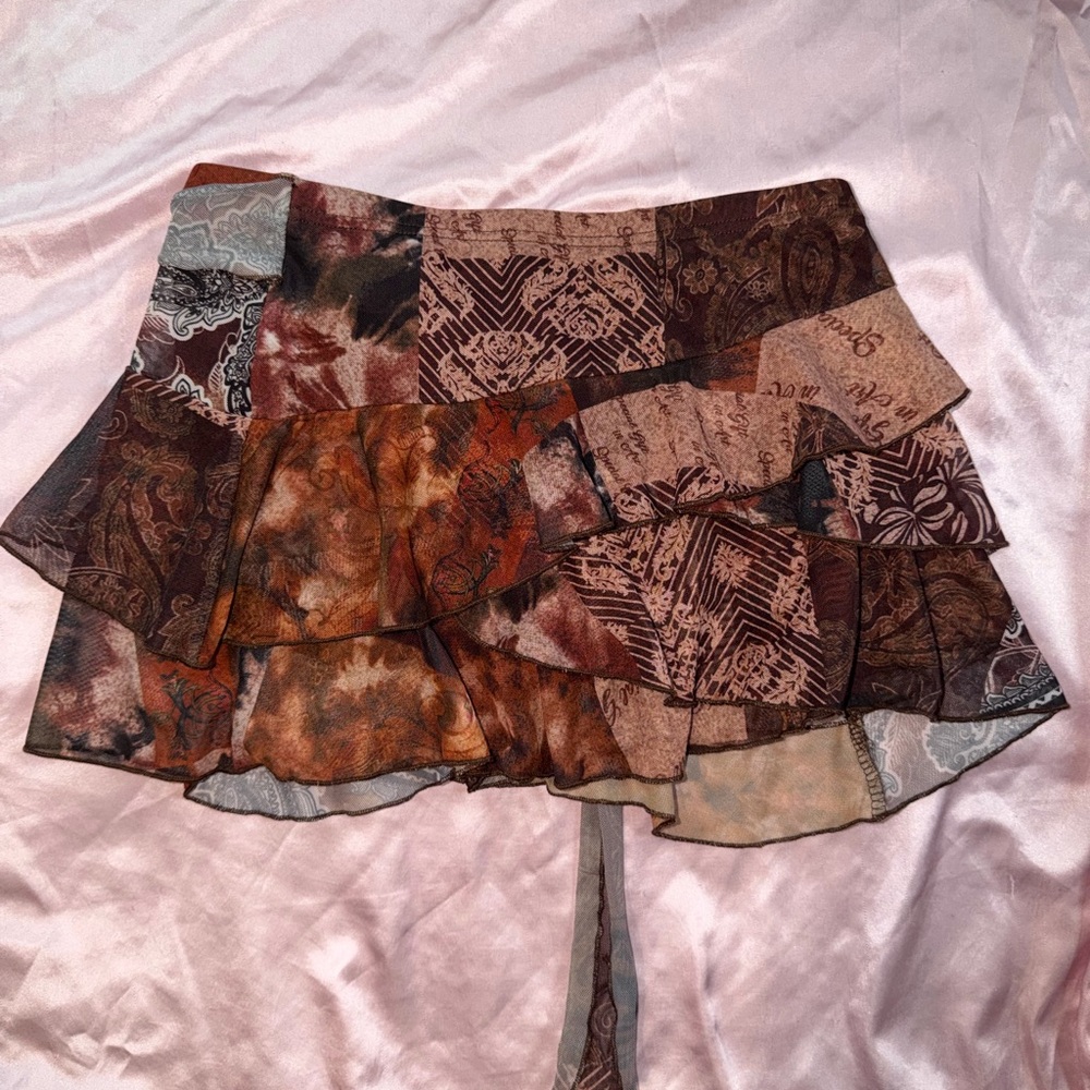 SHEIN Brown Patchwork Ruffle Mini Skirt